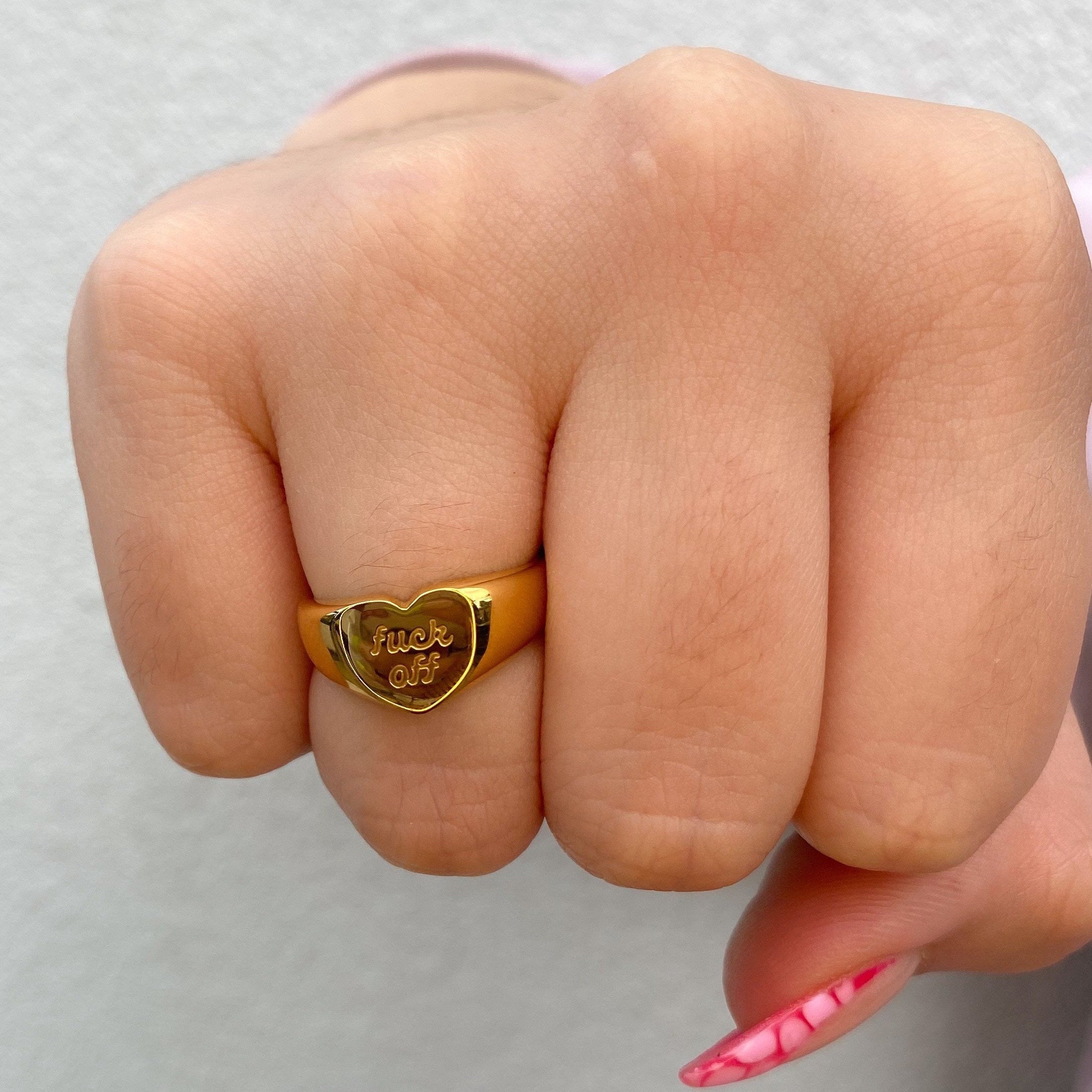 'FUCK OFF' Heart Signet Ring